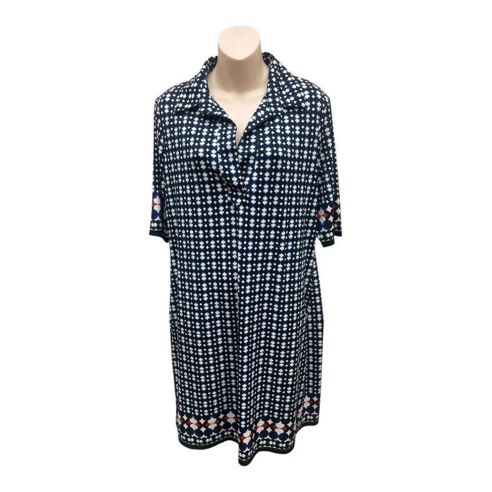 Max Studio Navy and White Patterned Dress Sz L Casual Lightweight V-neck Collar